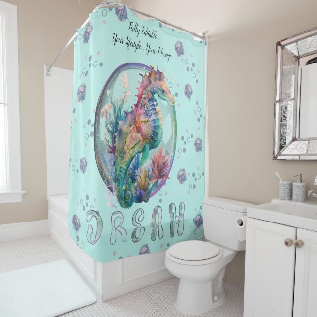 Colourful Whimsical Sea Horse Shower Curtain (In Situ)