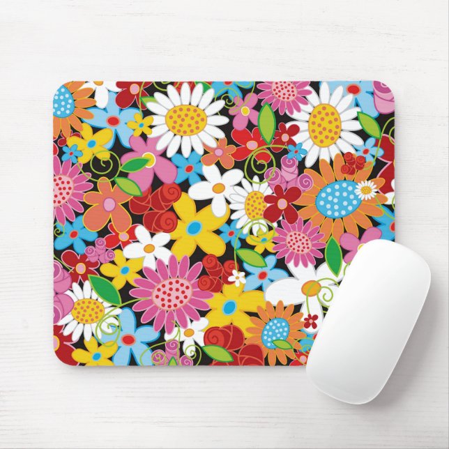 Colourful Whimsical Spring Flowers Garden Girly Mouse Mat (With Mouse)