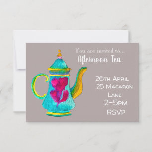 Colourful whimsical teapot afternoon tea party invitation