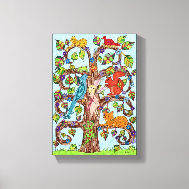 Colourful Whimsical Tree Fairy Cute Animal Drawing Canvas Print (Front)
