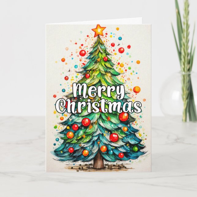 Colourful Whimsical Tree Merry Christmas Holiday Card (Front)