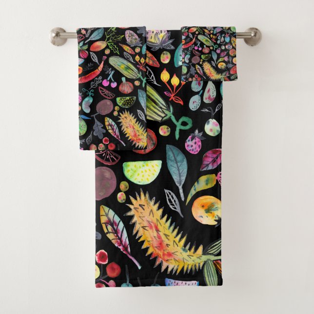 Colourful Whimsical Watercolor Fruits Veggies Blac Bath Towel Set (Insitu)