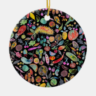 Colourful Whimsical Watercolor Fruits Veggies Blac Ceramic Tree Decoration