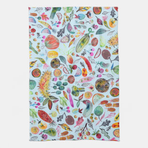 Colourful Whimsical Watercolor Fruits Veggies Blue Tea Towel