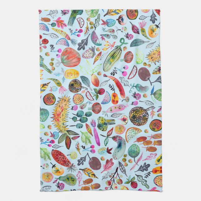 Colourful Whimsical Watercolor Fruits Veggies Blue Tea Towel (Vertical)