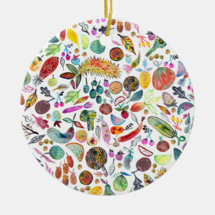 Colourful Whimsical Watercolor Fruits Veggies Ceramic Tree Decoration