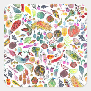 Colourful Whimsical Watercolor Fruits Veggies Square Sticker