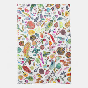 Colourful Whimsical Watercolor Fruits Veggies Tea Towel