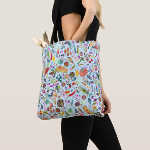Colourful Whimsical Watercolor Fruits Veggies Tote Bag