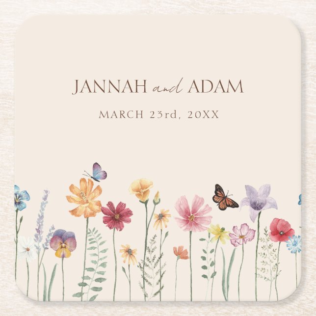 Colourful Whimsical Wildflower Wedding Square Paper Coaster (Front)
