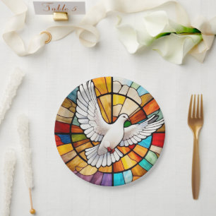 Colourful White Dove Stained Glass Bird Paper Plate