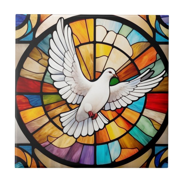 Colourful White Dove Stained Glass Bird Tile (Front)
