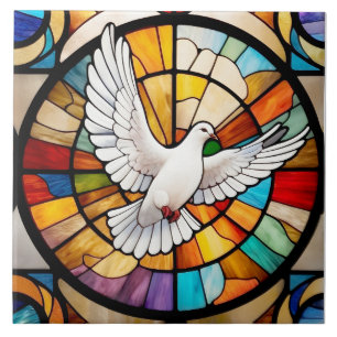 Colourful White Dove Stained Glass Bird Tile