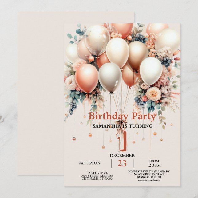 Colourful White Peach Floral Balloon Birthday Part Invitation (Front/Back)