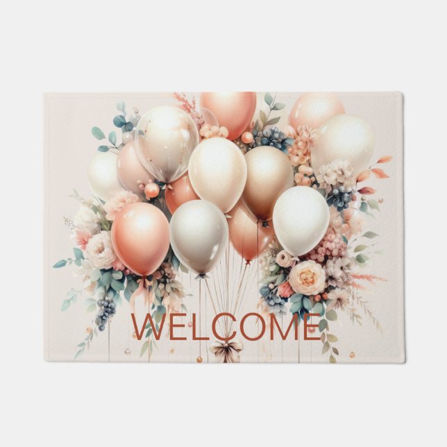 Colourful White Peach Floral Balloons Elegant Part Doormat (Front)