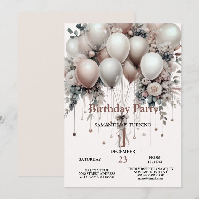 Colourful White Peach Floral Balloons Elegant Part Invitation (Front/Back)