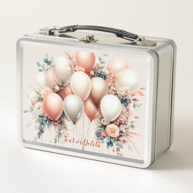 Colourful White Peach Floral Balloons Elegant Part Metal Lunch Box (Front)