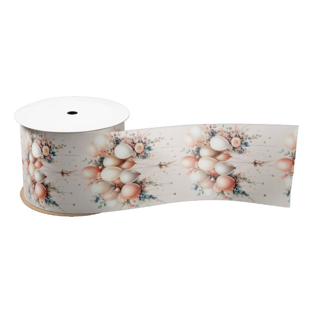 Colourful White Peach Floral Balloons Elegant Part Satin Ribbon (Spool)
