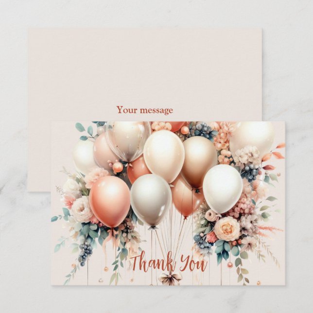 Colourful White Peach Floral Balloons Elegant Thank You Card (Front/Back)