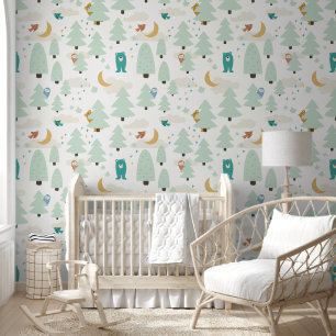 Colourful White Woodland Animal Kids Wallpaper