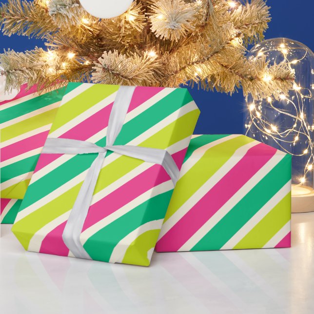 Colourful Wide Stripes Modern Christmas Green Red Wrapping Paper (Holidays)