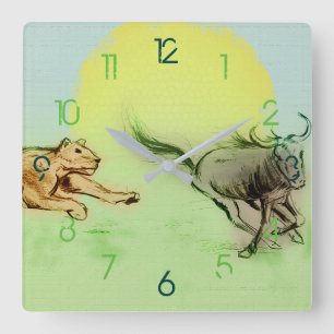 Colourful Wild Animals Chase Drawing, Square Clock