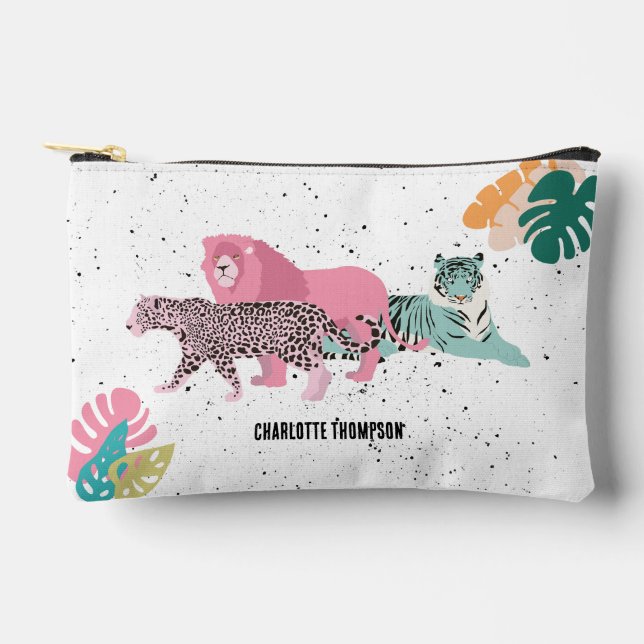 Colourful Wild Animals & Tropical Leaves Accessory Pouch (Front)