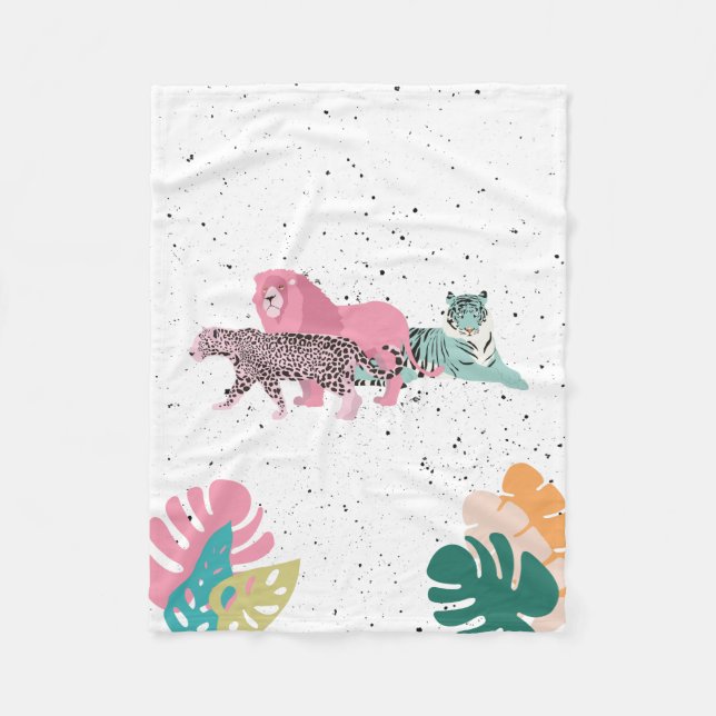 Colourful Wild Animals & Tropical Leaves Fleece Blanket (Front)