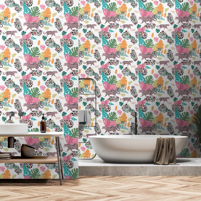 Colourful Wild Animals & Tropical Leaves Pattern Wallpaper (Bathroom)