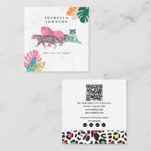 Colourful Wild Animals & Tropical Leaves QR Code Square Business Card