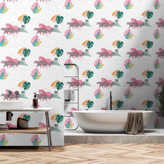 Colourful Wild Animals & Tropical Leaves Wallpaper (Bathroom)