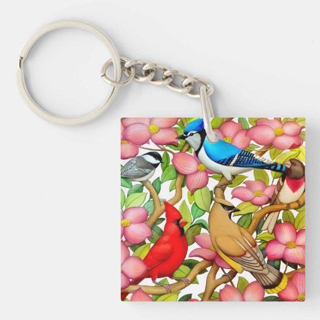 Colourful Wild Birds in Dogwood Keychain (Front)