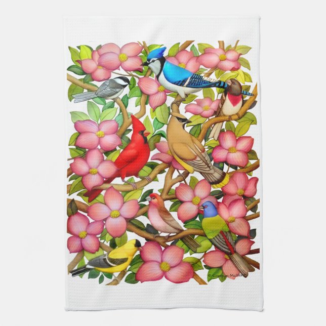Colourful Wild Birds in Dogwood Kitchen Towel (Vertical)
