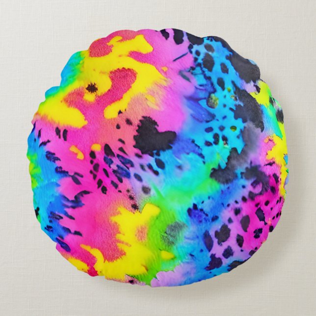 Colourful Wild Cheetah Tye Dye Pattern  Round Cushion (Front)