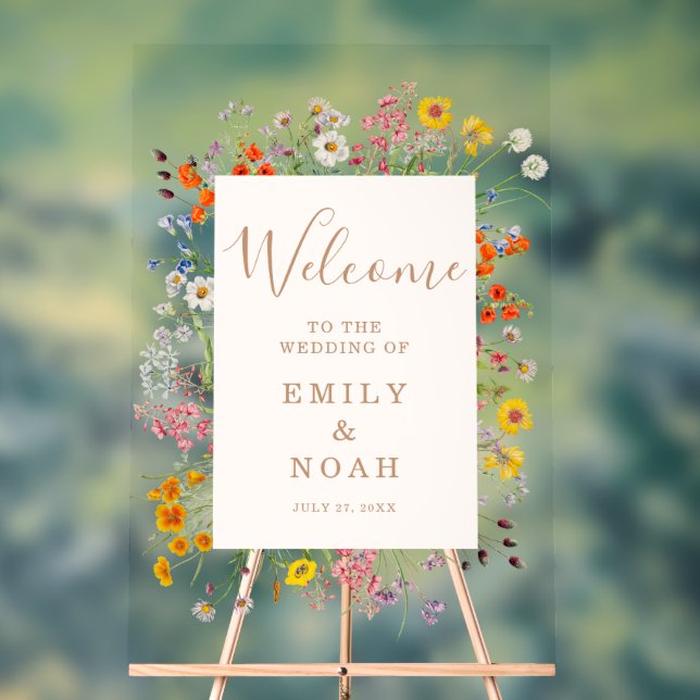 Colourful Wild Flower Country Wedding Welcome Acrylic Sign (Neutral)