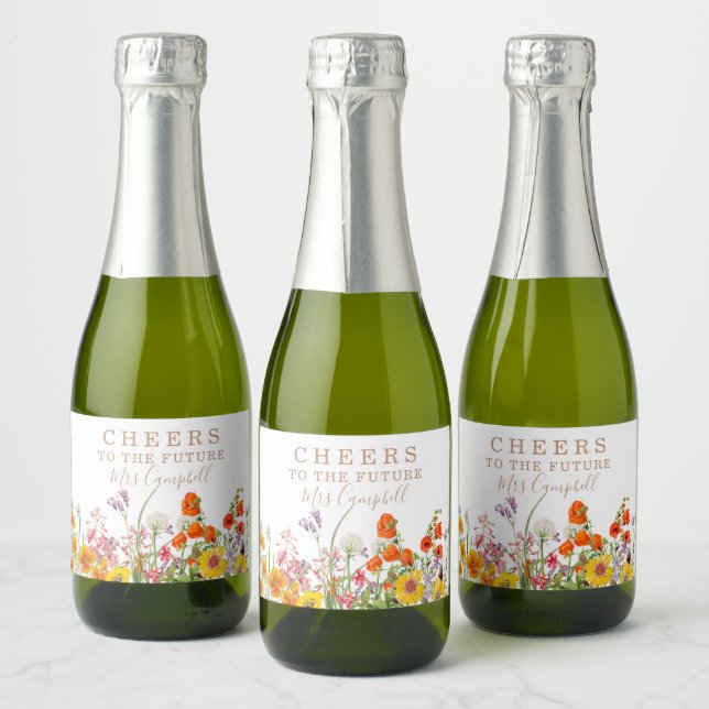 Colourful Wild Flowers Country Future Mrs Floral Sparkling Wine Label (Bottles)
