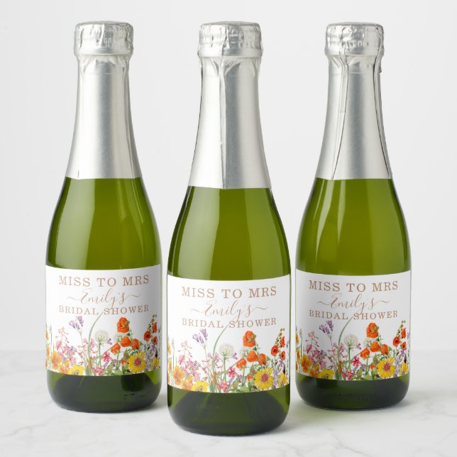 Colourful Wild Flowers Country Miss To Mrs Floral Sparkling Wine Label (Bottles)
