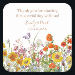 Colourful Wild Flowers Country Wedding Square Sticker<br><div class="desc">Colourful Wild Flowers Country Wedding Stickers features pretty country flowers in orange,  yellow,  purple and pink on a white background with your accommodation information above. Personalise by editing the text in the text boxes. Designed for you by Evco Studio www.zazzle.com/store/evcostudio</div>