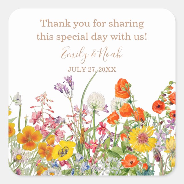 Colourful Wild Flowers Country Wedding Square Sticker (Front)