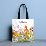 Colourful Wild Flowers Pretty Girly Personalised Tote Bag<br><div class="desc">This chic and stylish design features pretty colourful wild flowers with your custom personalised name on a white background.</div>