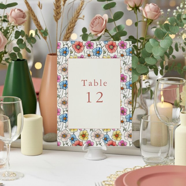 Colourful wild flowers table number (Bright wildflowers wedding table number place card.)