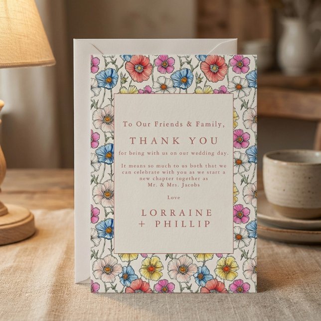 Colourful wild flowers vibrant pattern wedding thank you card (Colourful wild flowers vibrant pattern wedding thank you card.)