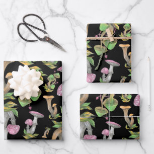 Colourful Wild Forest Mushrooms Black Wrapping Paper Sheet