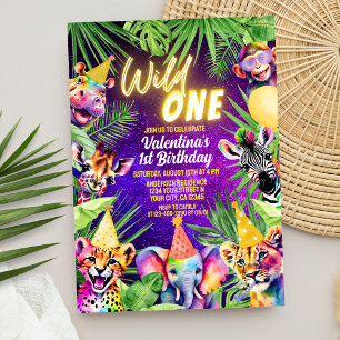 Colourful Wild One Safari Animals 1st Birthday Invitation