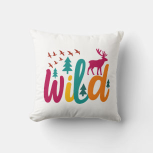 Colourful Wild Print with Forest and Deer Graphic Cushion