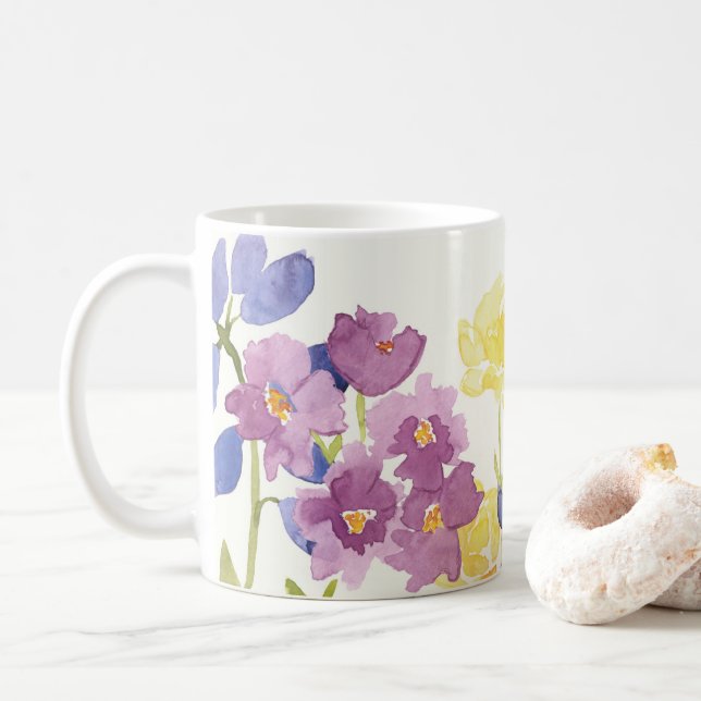 Colourful Wild Scottish Flowers Watercolour Mug (With Donut)