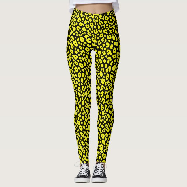 Colourful Wild Yellow Black Leopard Print Pattern Leggings (Front)