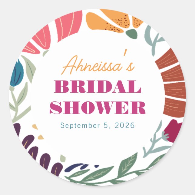 Colourful Wildflower Abstract Floral Bridal Shower Classic Round Sticker (Front)