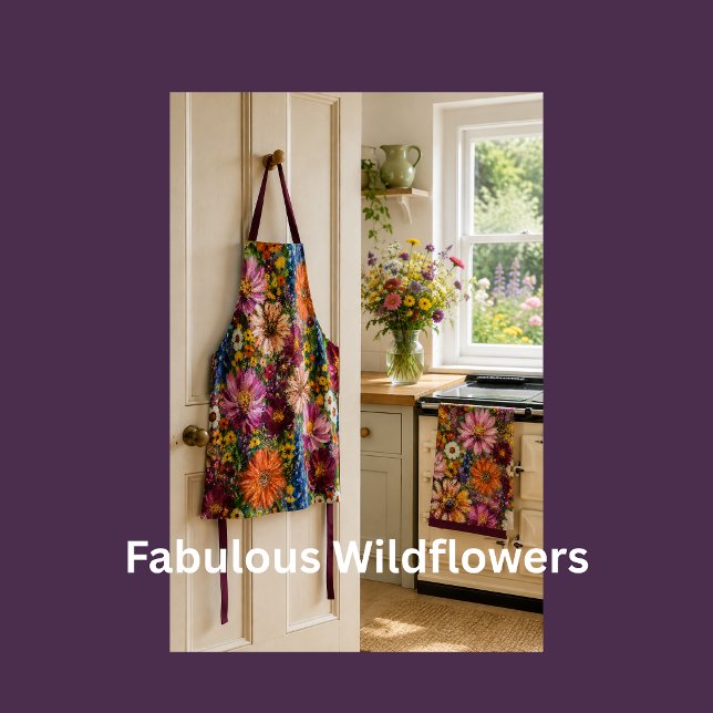 Colourful Wildflower All-Over Print Apron (Colourful wildflower apron and tea towel bring joyful cottage charm to this radiant country kitchen.)