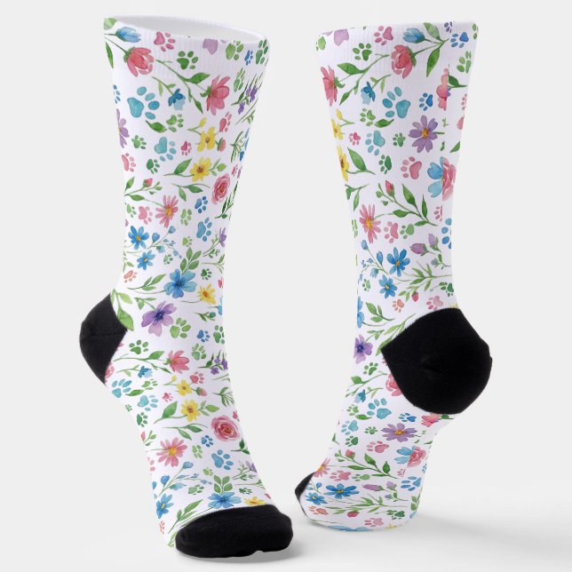 Colourful Wildflower and Paw Prints Socks (Angled)